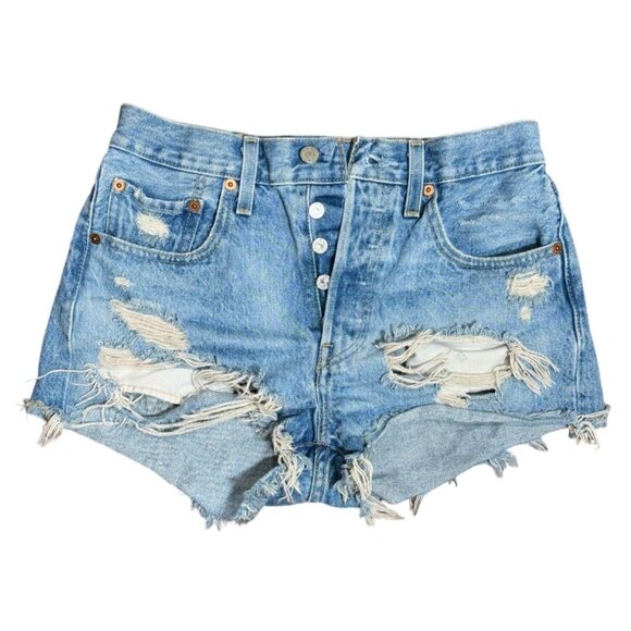 Levi's Premium 501 Shorts 26 Womens Distressed Denim Blue Ripped High-Waisted - Picture 1 of 12